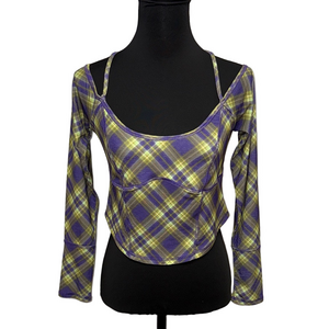 Urban Outfitters Plaid Mesh Long Sleeve Crop Top Purple Green Size L NWT